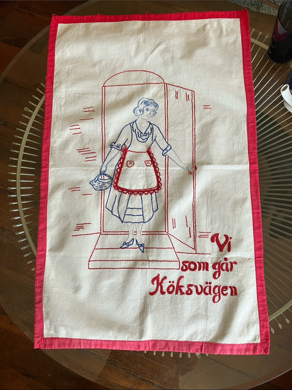 Vintage Swedish red work hand embroidered towel curtain 40s 50s